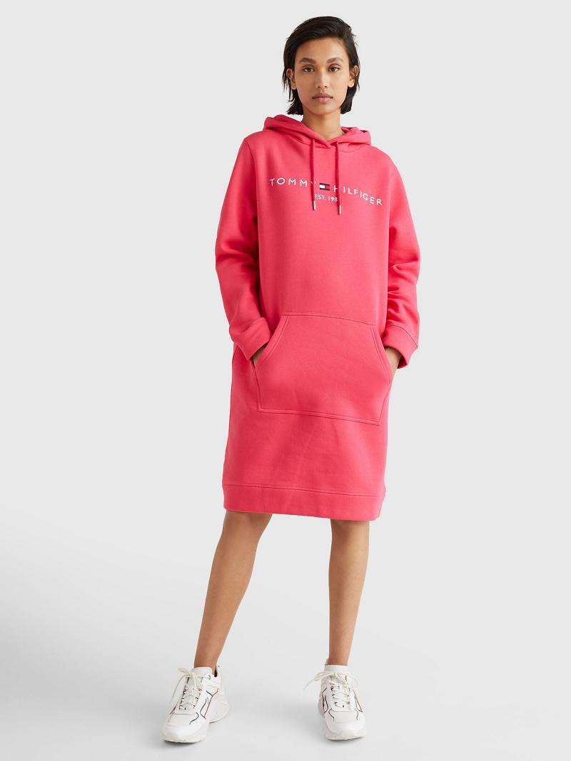 Női Tommy Hilfiger Logo Hoodie Dresses Rózsaszín | HU 101HAP